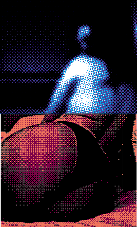 Look Back: halftone print of a figure in blue over red